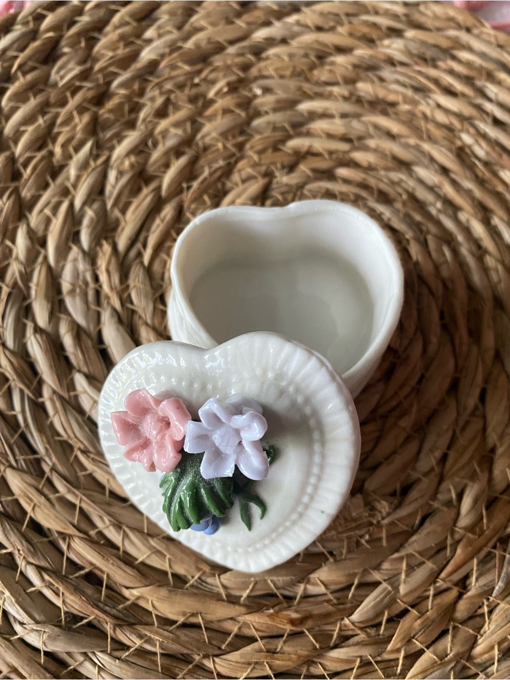 Heart-Shaped Porcelain Trinket Box with Pink & Lavender Flowers
